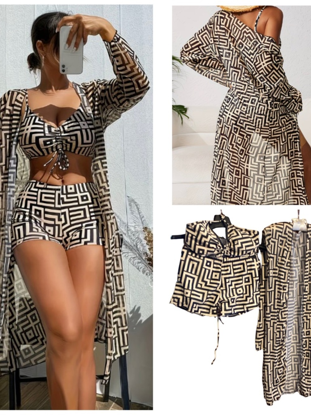 🚨 NWT Geometric Print 3-Piece Swim Set - Black & Tan Size M
